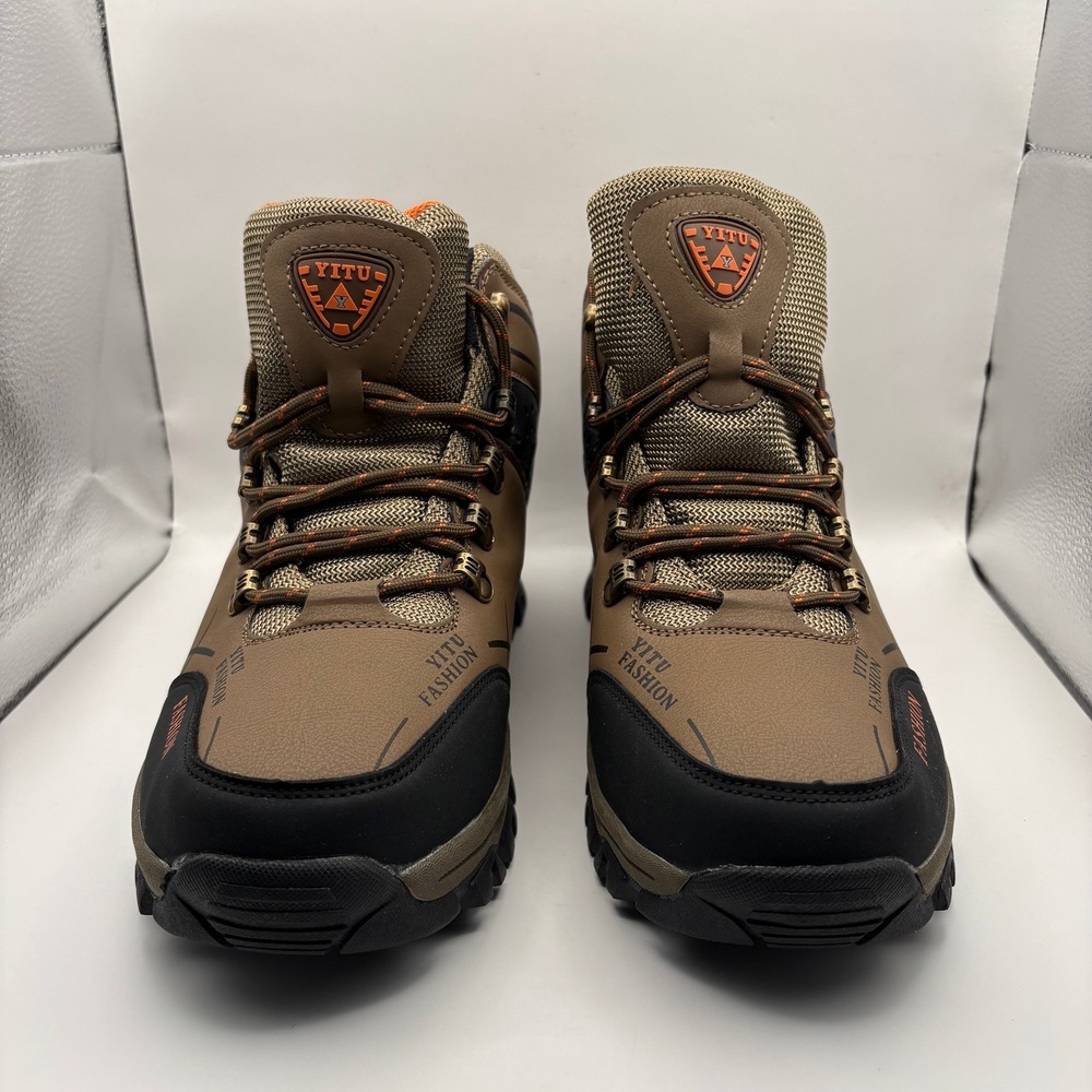 Yitu Fashion Mens Hiking Boots Brown Orange Faux Fur Lined Mid Top Size EUR 44